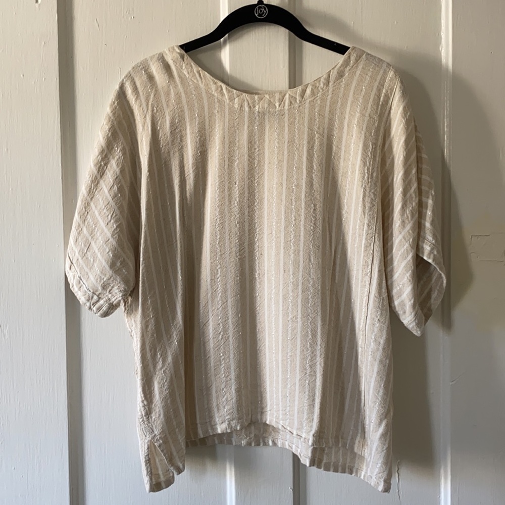 Vintage Blouse | 90s Beige & White Stripe Drop Shoulder VTG Blouse
